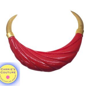 Vintage 1980s Signed Monet Goldtone Molded Red Resin Collar Necklace